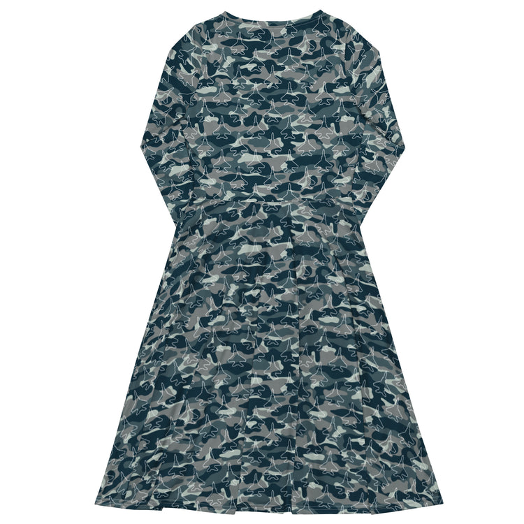 Nerdy Military Fighter Jet Navy Camo Blue Long Sleeve Midi Dress
