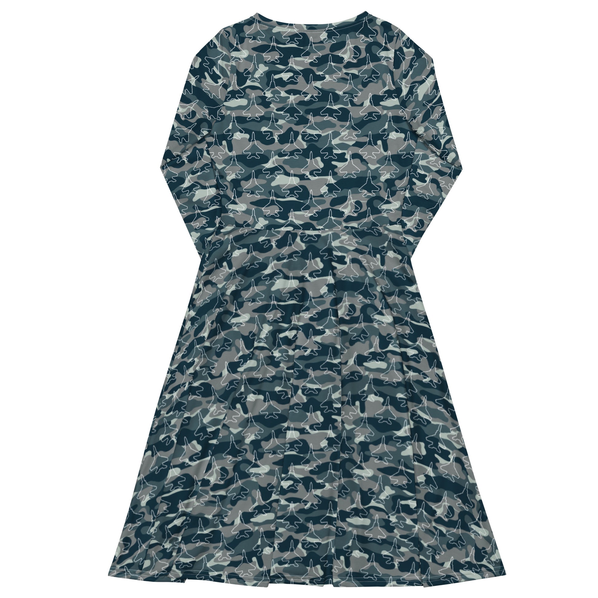 Military Fighter Jet Navy Camo Blue Long Sleeve Midi Dress 8