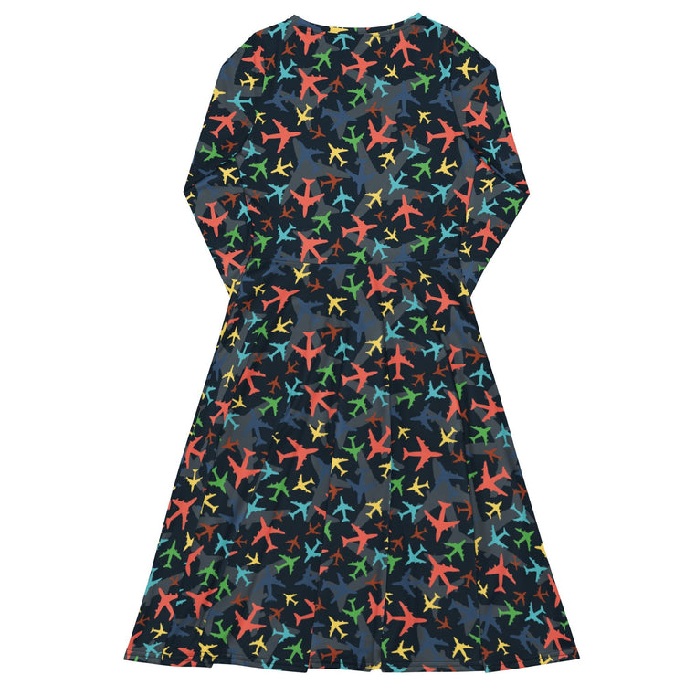 Nerdy Multi Colored Airplanes on Blue Long Sleeve Midi Dress