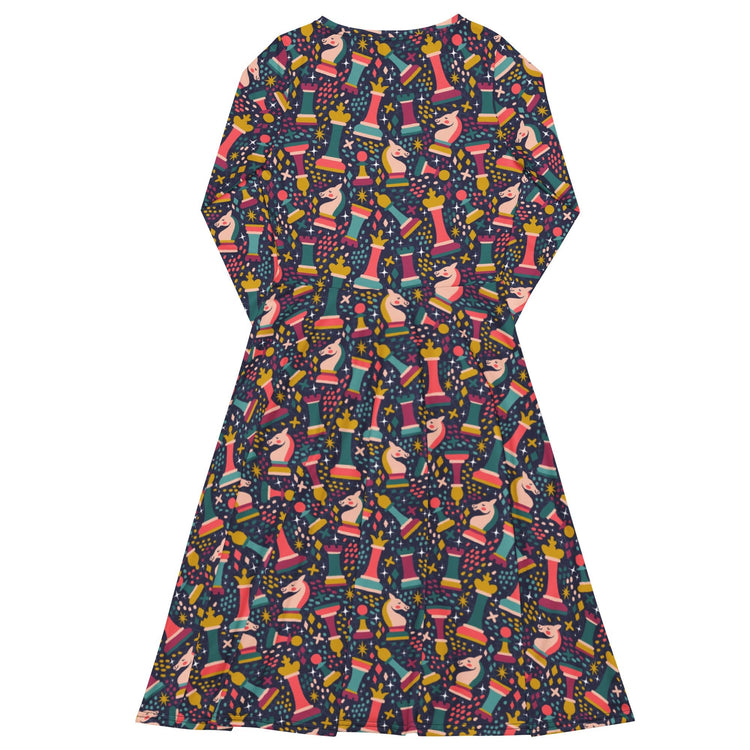 Nerdy Chess Colorful Chess Pieces Blue Long Sleeve Midi Dress