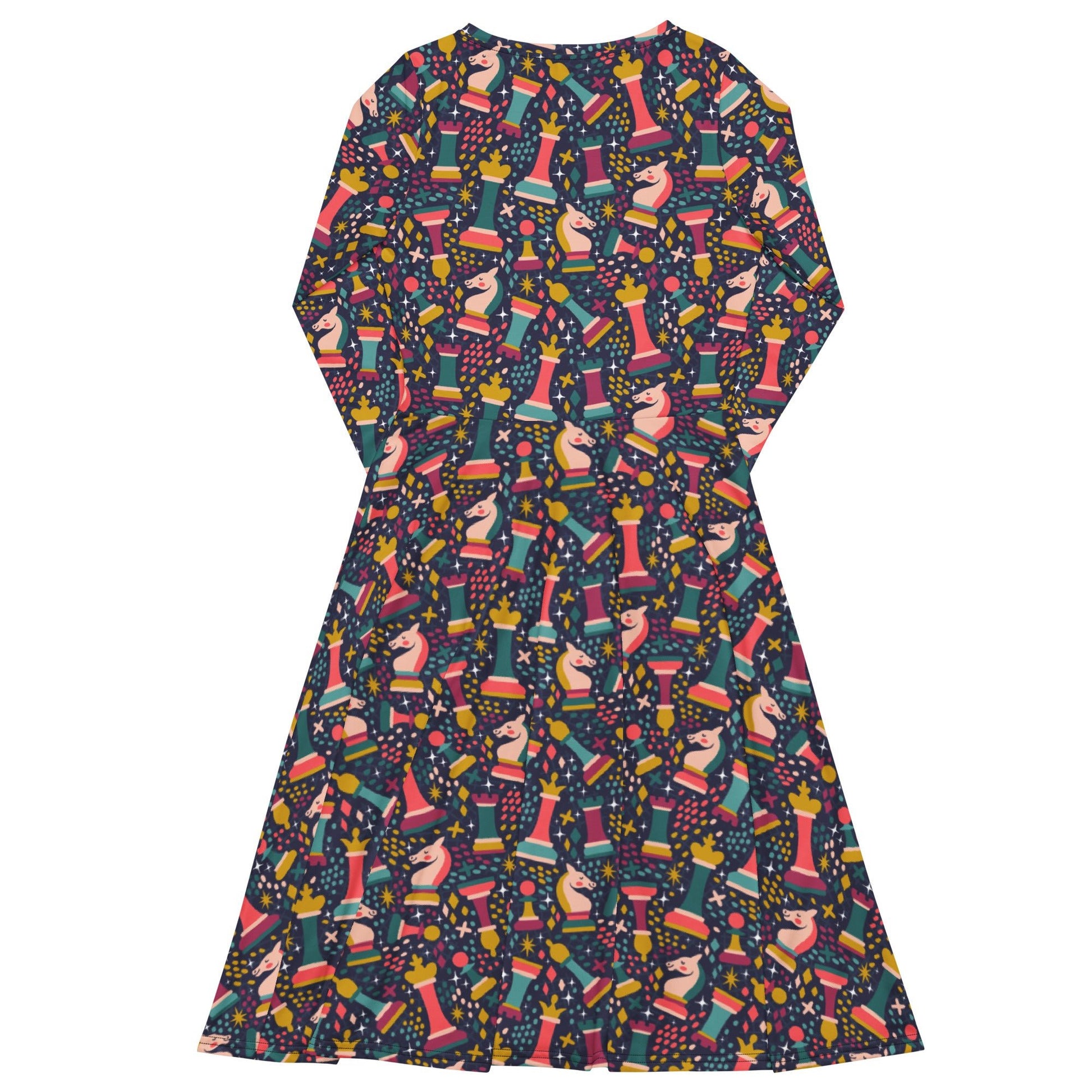 Chess Colorful Chess Pieces Blue Long Sleeve Midi Dress 8