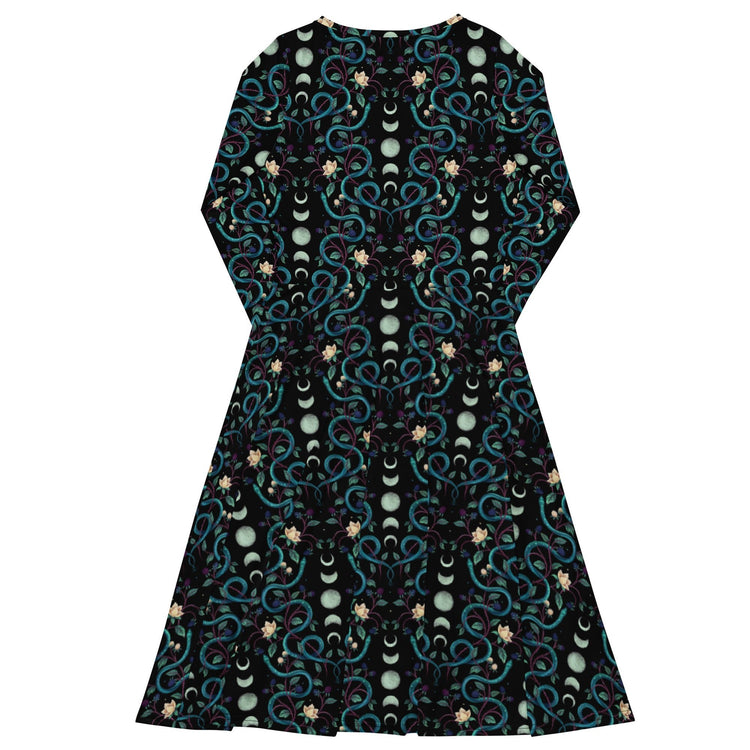 Nerdy Episodic Serpent Moon Long Sleeve Midi Dress