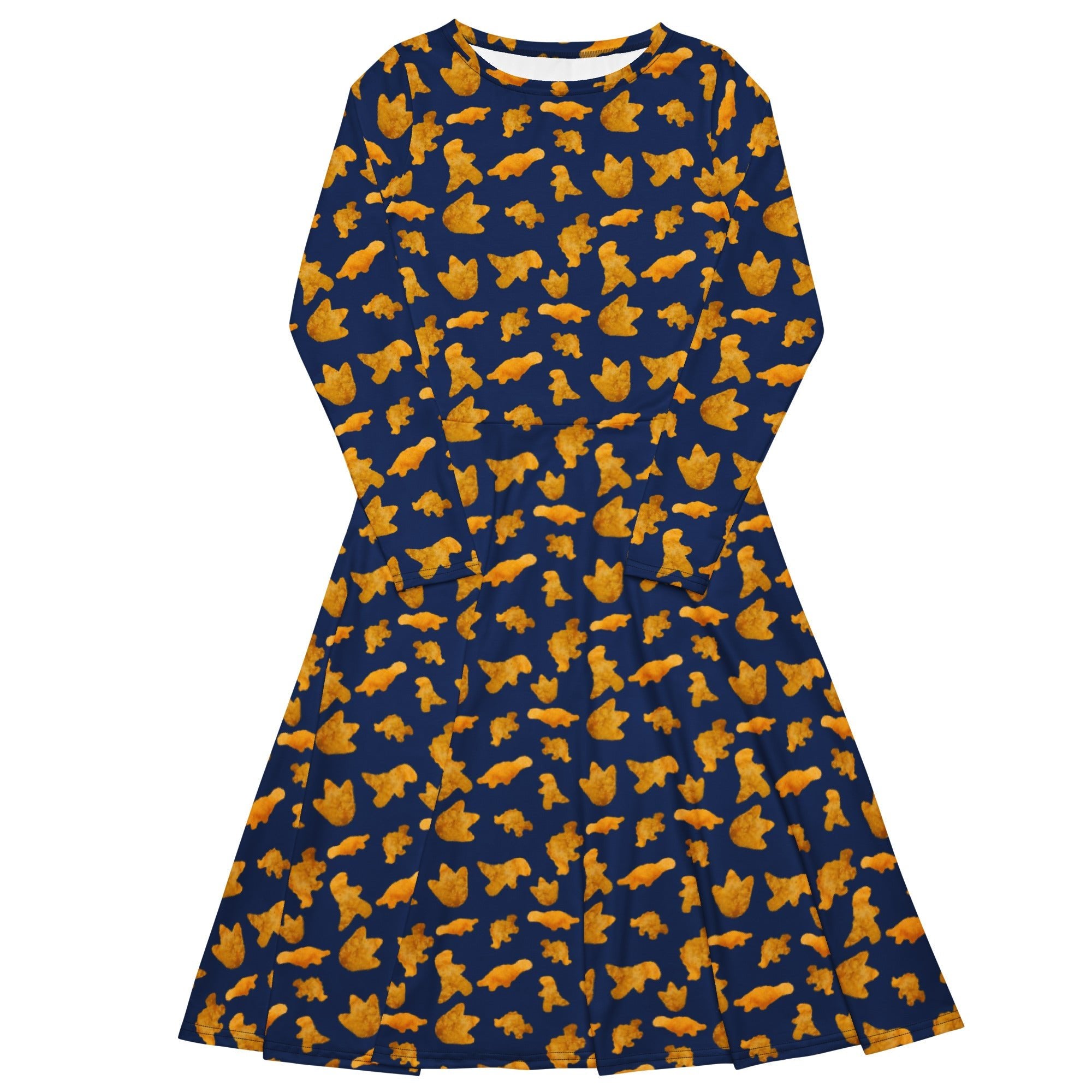 Nerdy Dinosaur Chicken Nuggets Blue Long Sleeve Midi Dress
