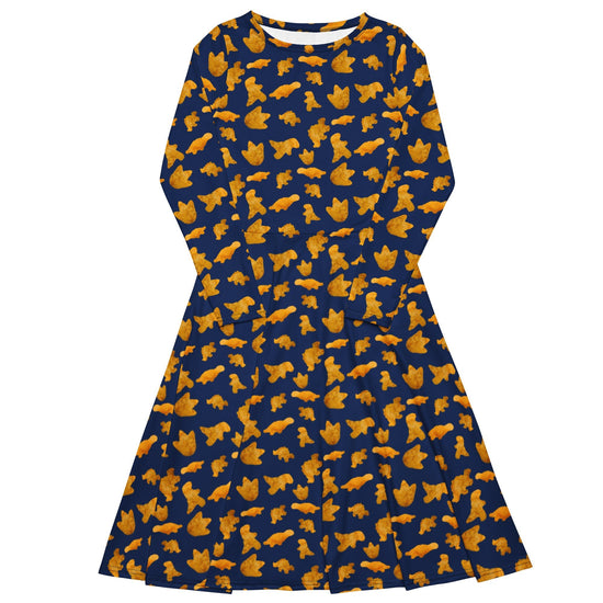 Nerdy Dinosaur Chicken Nuggets Blue Long Sleeve Midi Dress