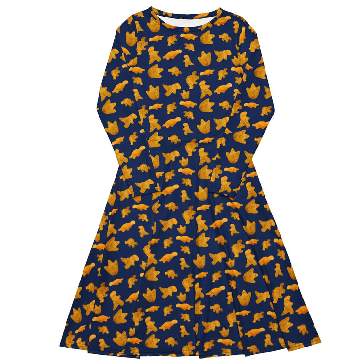 Nerdy Dinosaur Chicken Nuggets Blue Long Sleeve Midi Dress