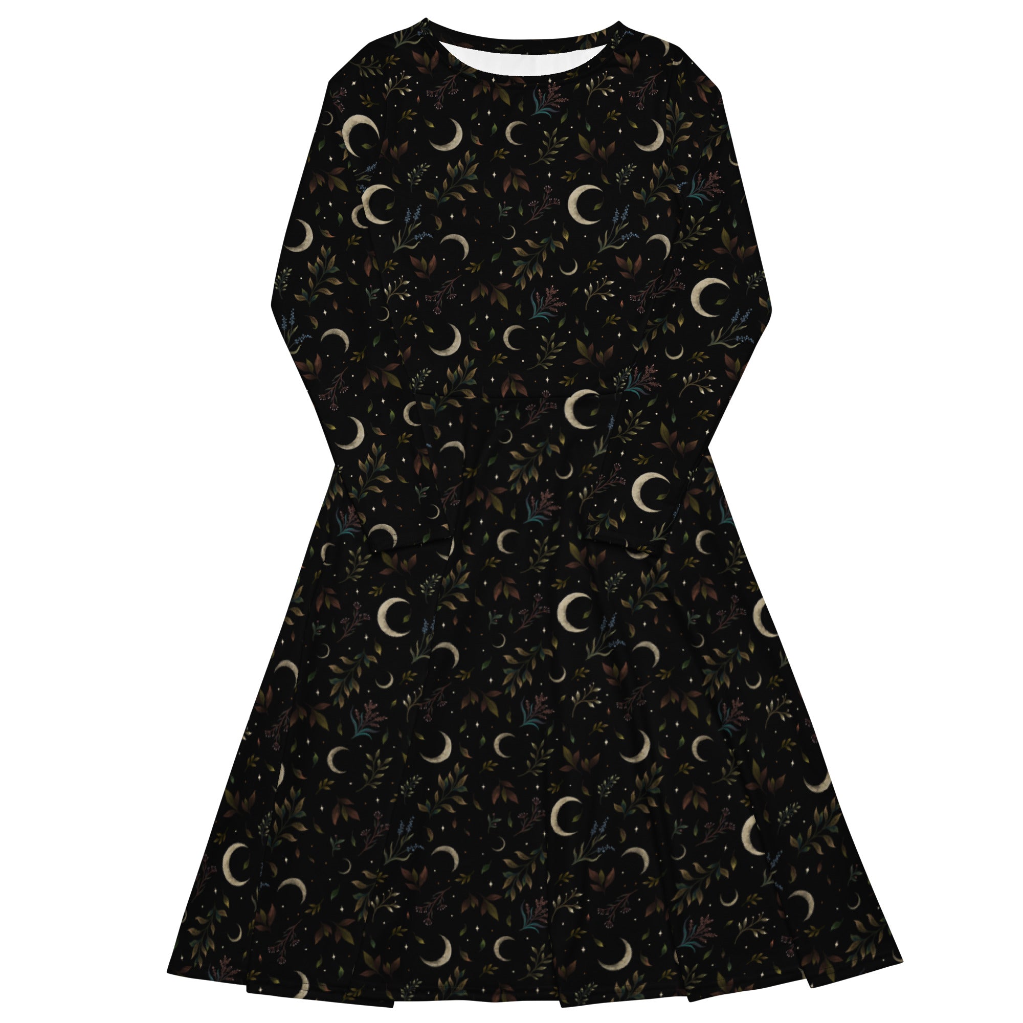 Nerdy Episodic Crescent Moon Garden Long Sleeve Midi Dress