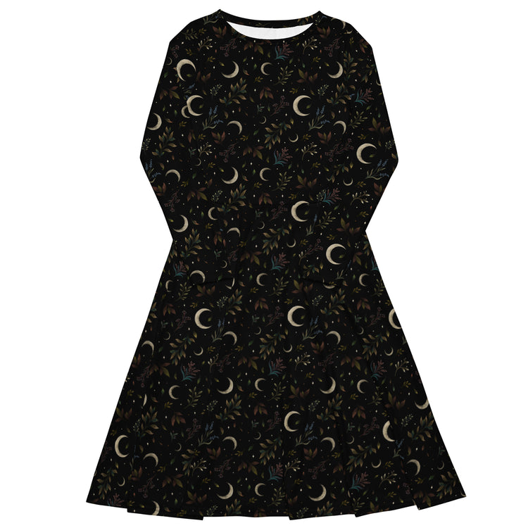 Nerdy Episodic Crescent Moon Garden Long Sleeve Midi Dress
