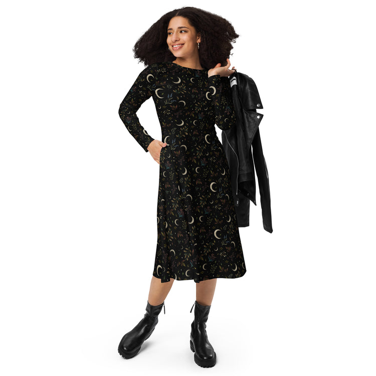 Nerdy Episodic Crescent Moon Garden Long Sleeve Midi Dress