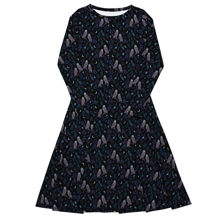 Nerdy Episodic Owl Floral Long Sleeve Midi Dress