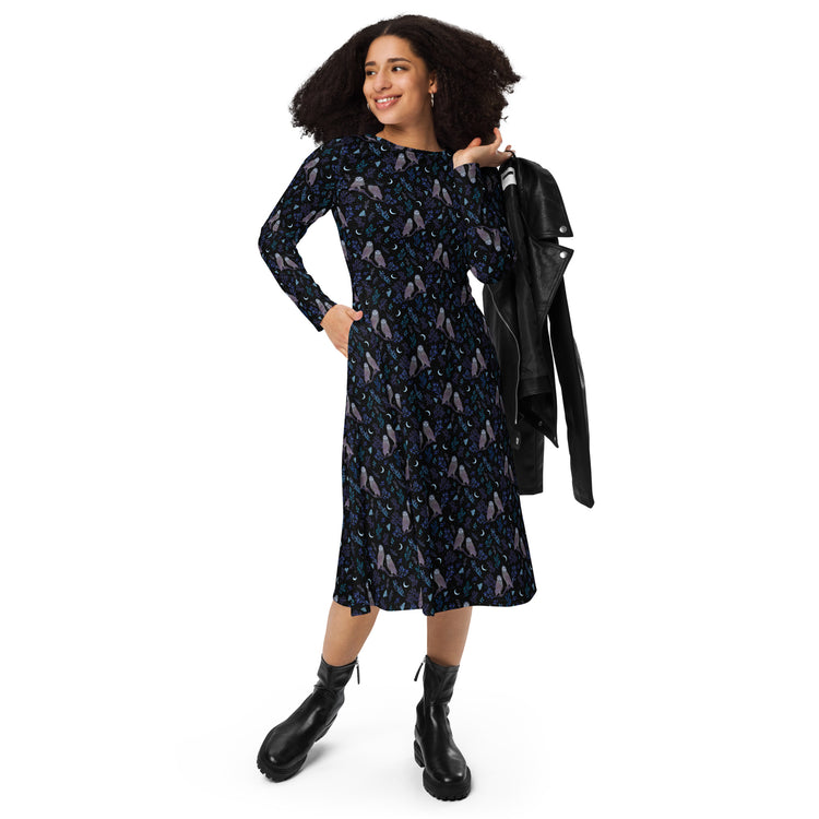Nerdy Episodic Owl Floral Long Sleeve Midi Dress