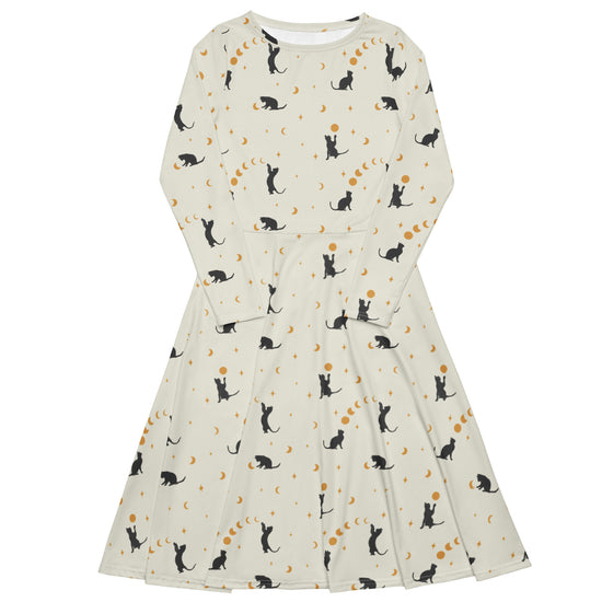Nerdy Episodic Cat Catching the Moon Long Sleeve Midi Dress