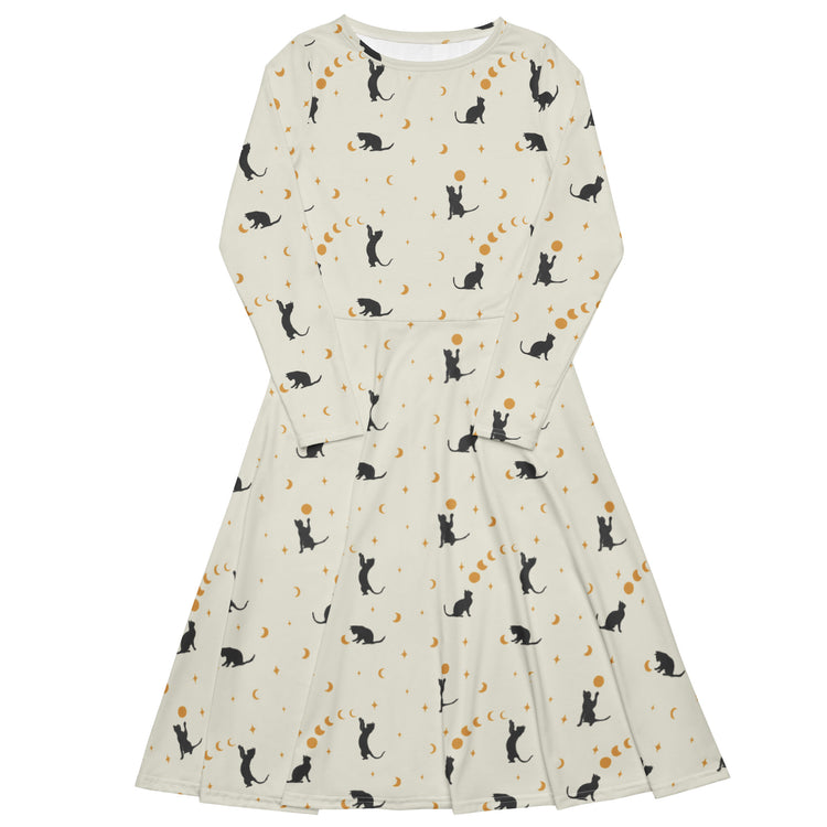 Nerdy Episodic Cat Catching the Moon Long Sleeve Midi Dress