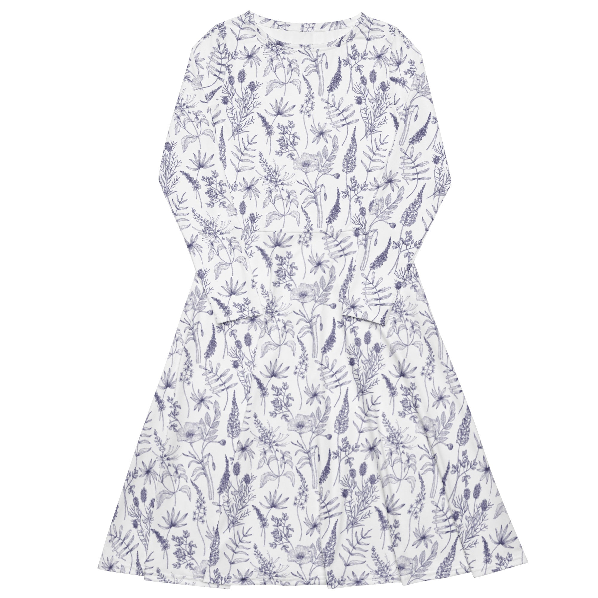 Nerdy Simple Botany Flowers Herbs White Blue Long Sleeve Midi Dress
