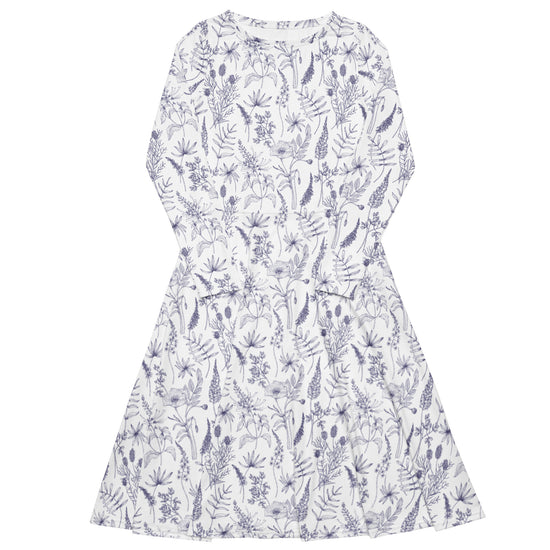 Nerdy Simple Botany Flowers Herbs White Blue Long Sleeve Midi Dress