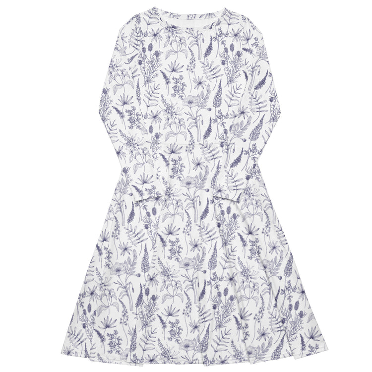 Nerdy Simple Botany Flowers Herbs White Blue Long Sleeve Midi Dress