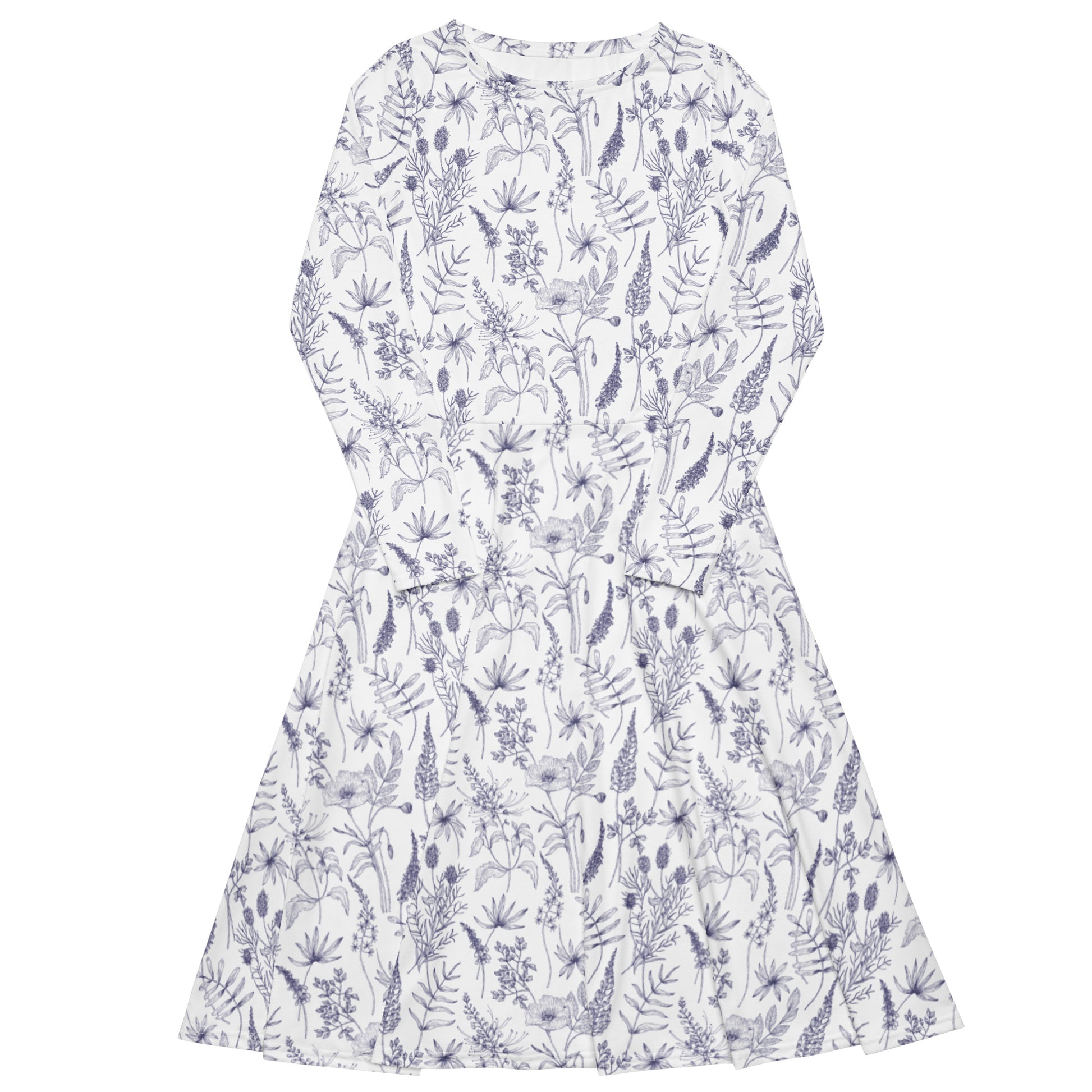 Simple Botany Flowers Herbs White Blue Long Sleeve Midi Dress 1
