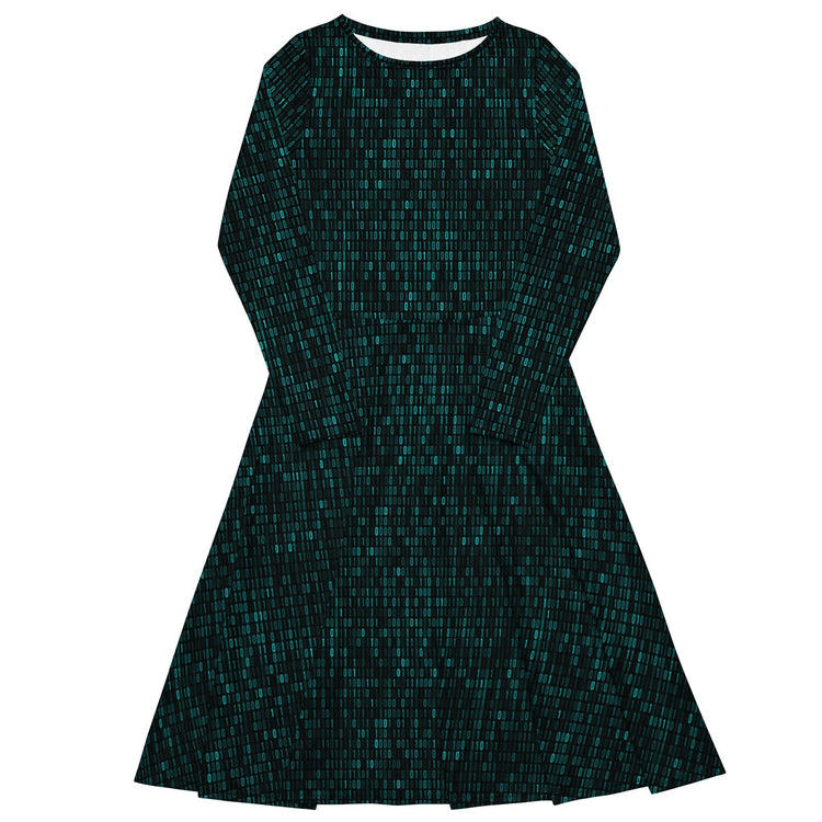 Nerdy Binary Computer 1s and 0s Teal Black Long Sleeve Midi Dress