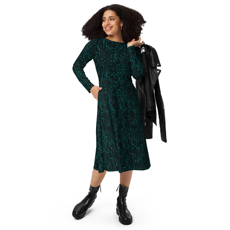Nerdy Binary Computer 1s and 0s Teal Black Long Sleeve Midi Dress