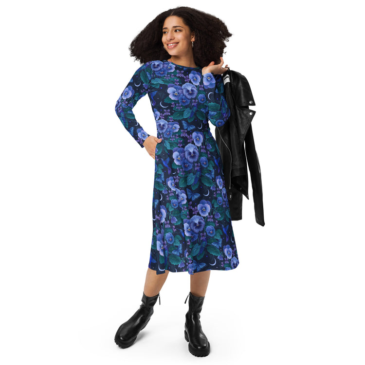 Nerdy Episodic Violet Purple Night Long Sleeve Midi Dress