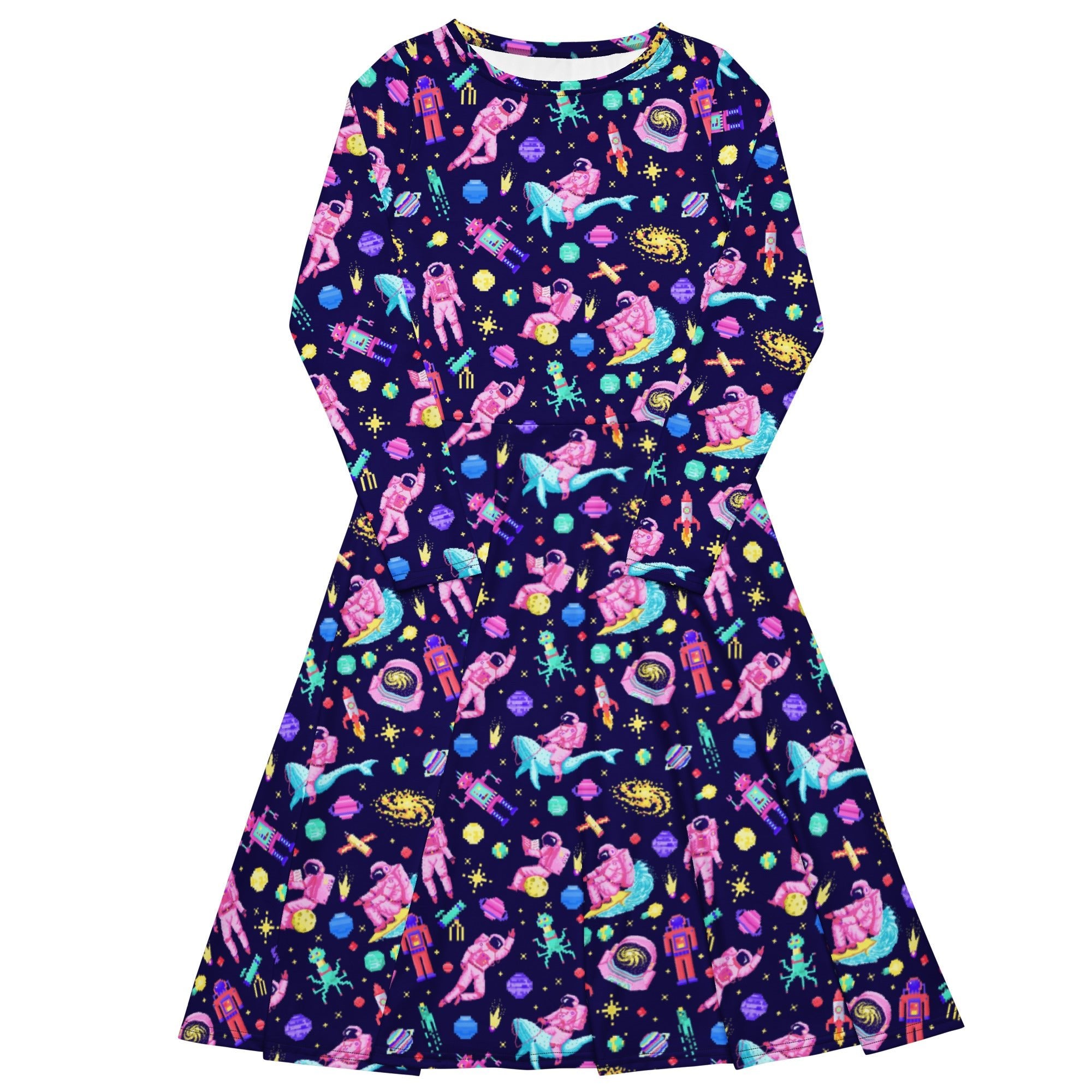 Nerdy Astronaut Pixels Outer Space Purple Blue Long Sleeve Midi Dress