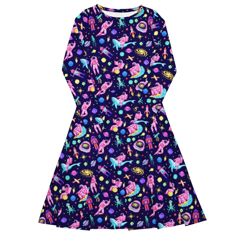 Nerdy Astronaut Pixels Outer Space Purple Blue Long Sleeve Midi Dress