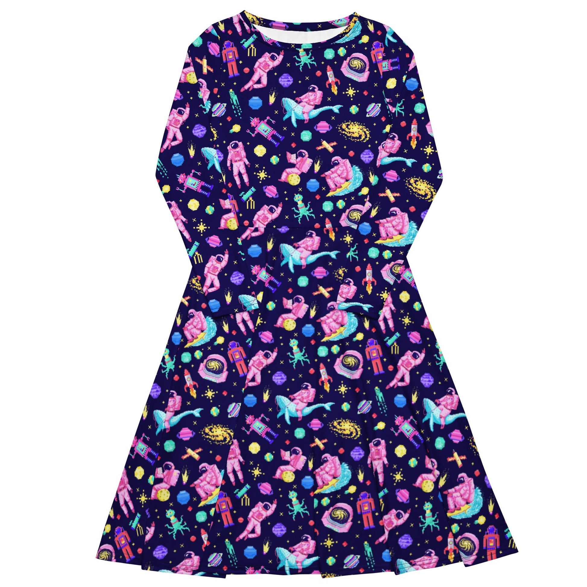 Astronaut Pixels Outer Space Purple Blue Long Sleeve Midi Dress 1
