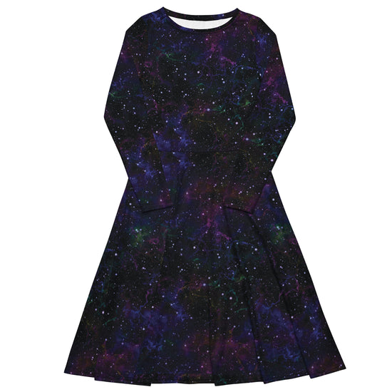 Nerdy Beautiful Nebula Outer Space Long Sleeve Midi Dress