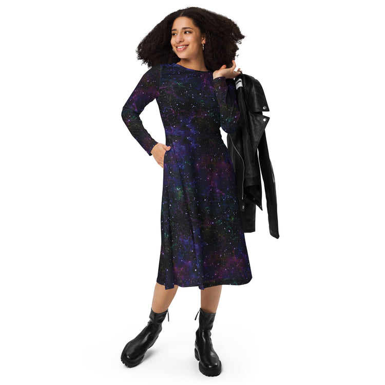 Nerdy Beautiful Nebula Outer Space Long Sleeve Midi Dress