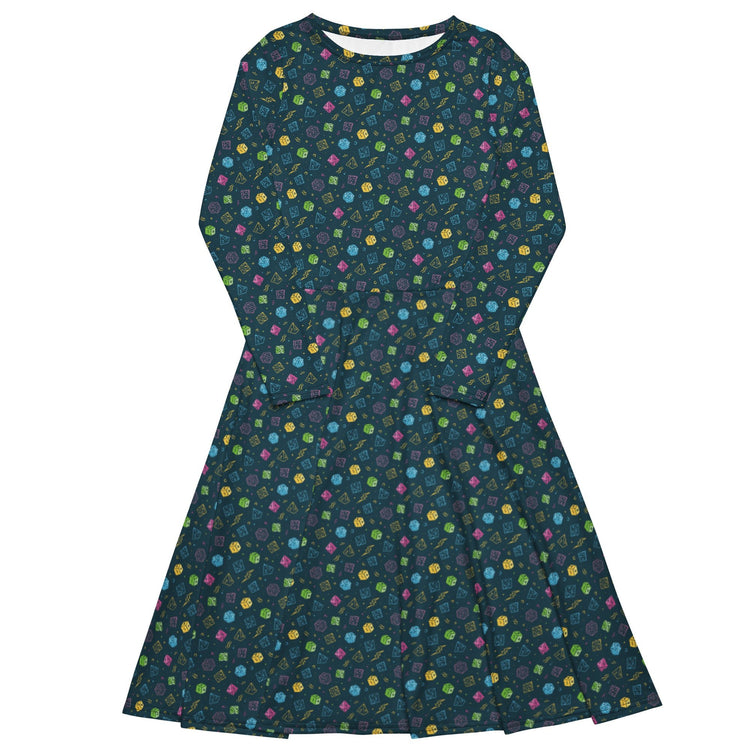 Nerdy Dnd RPG Dice Blue Long Sleeve Midi Dress