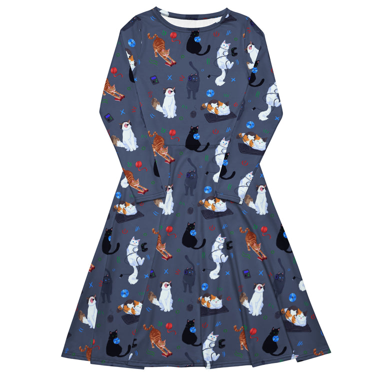 Nerdy Video Game Cats Light Long Sleeve Midi Dress