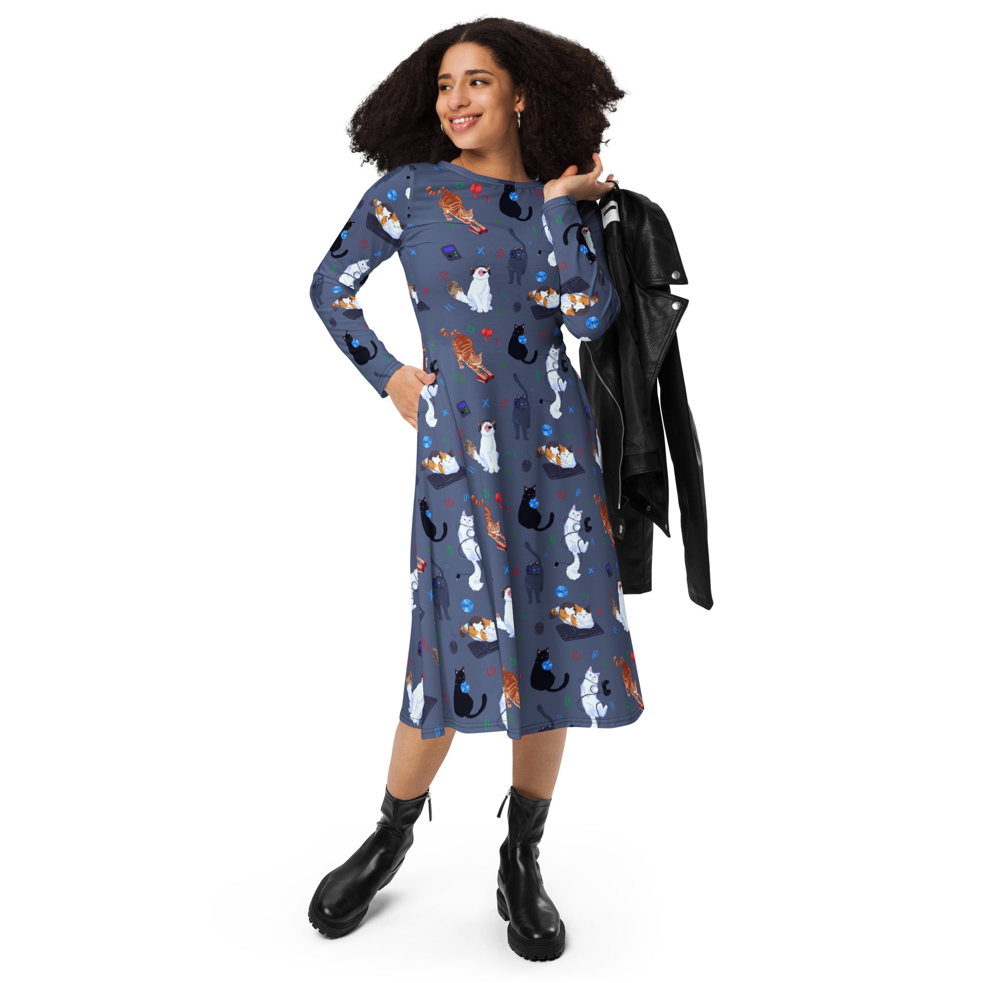 Video Game Cats Light Long Sleeve Midi Dress 4