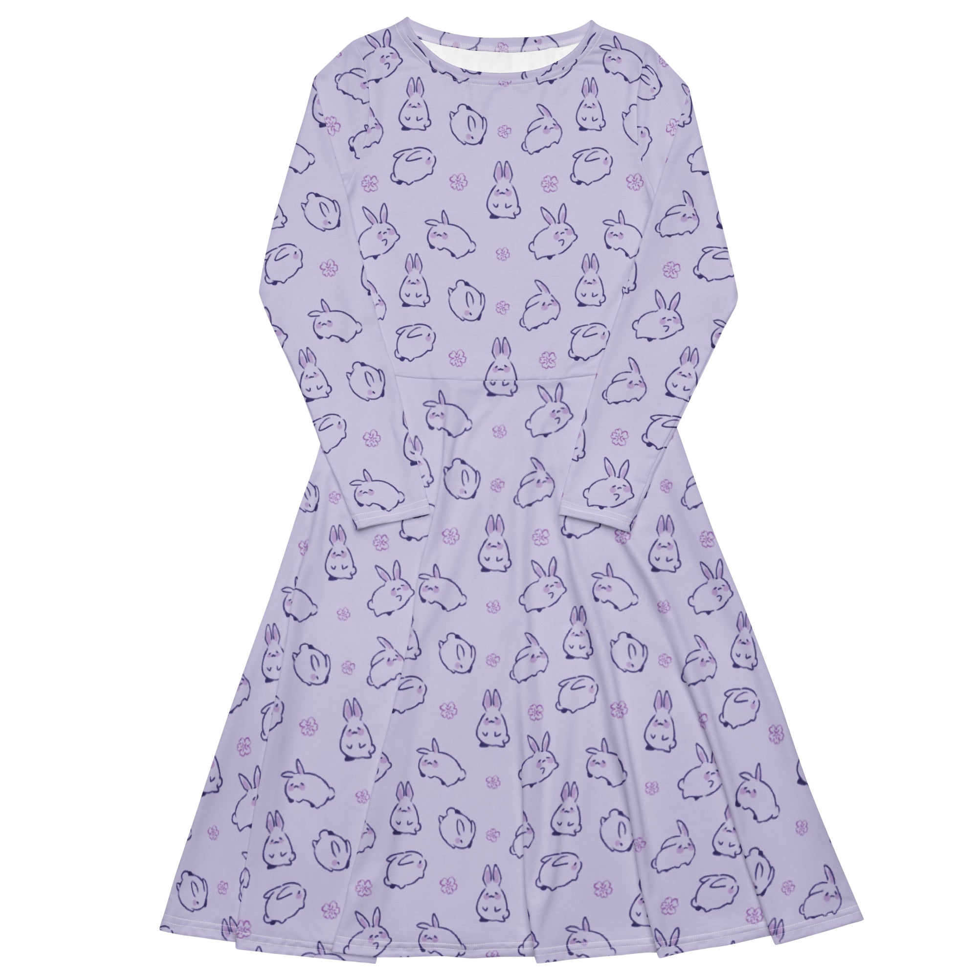 Nerdy Lilac Anime Bunnies Long Sleeve Midi Dress