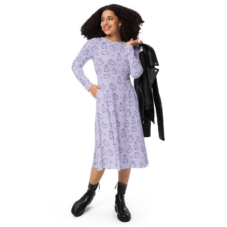 Nerdy Lilac Anime Bunnies Long Sleeve Midi Dress