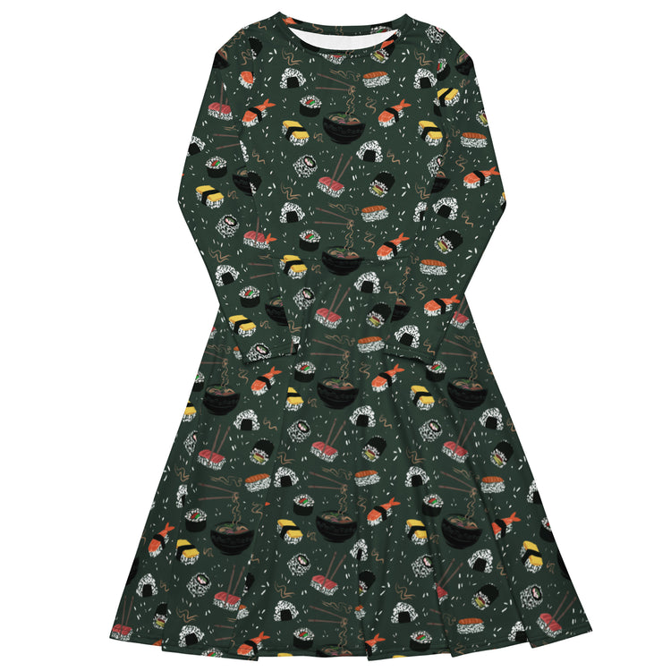 Nerdy Oishi Sushi Green Long Sleeve Midi Dress