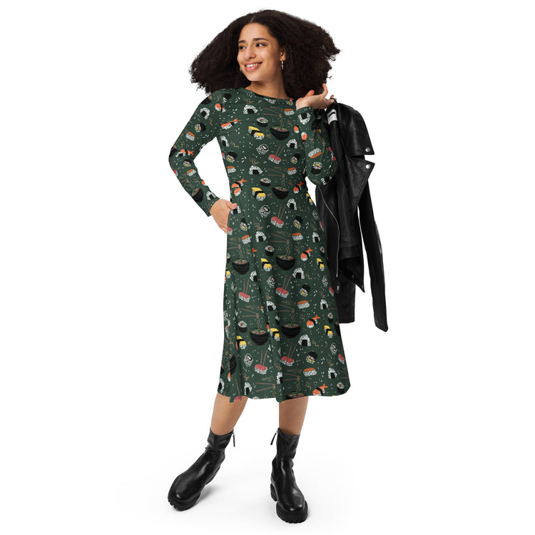 Nerdy Oishi Sushi Green Long Sleeve Midi Dress