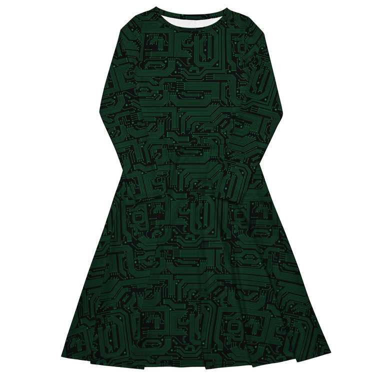 Nerdy Green Computer Circuits Long Sleeve Midi Dress