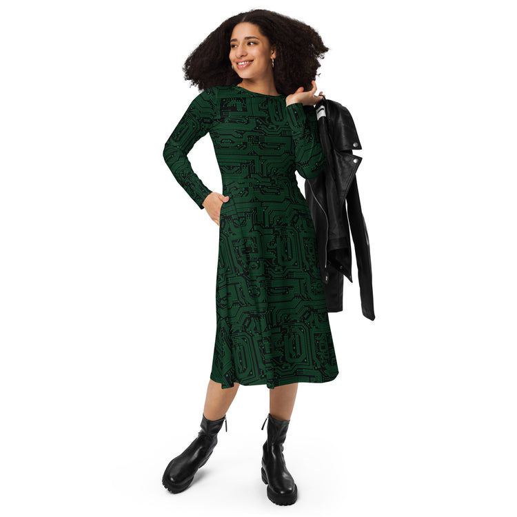 Nerdy Green Computer Circuits Long Sleeve Midi Dress