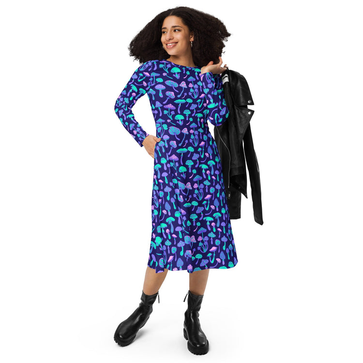 Nerdy Psychedelic Mushrooms Long Sleeve Midi Dress