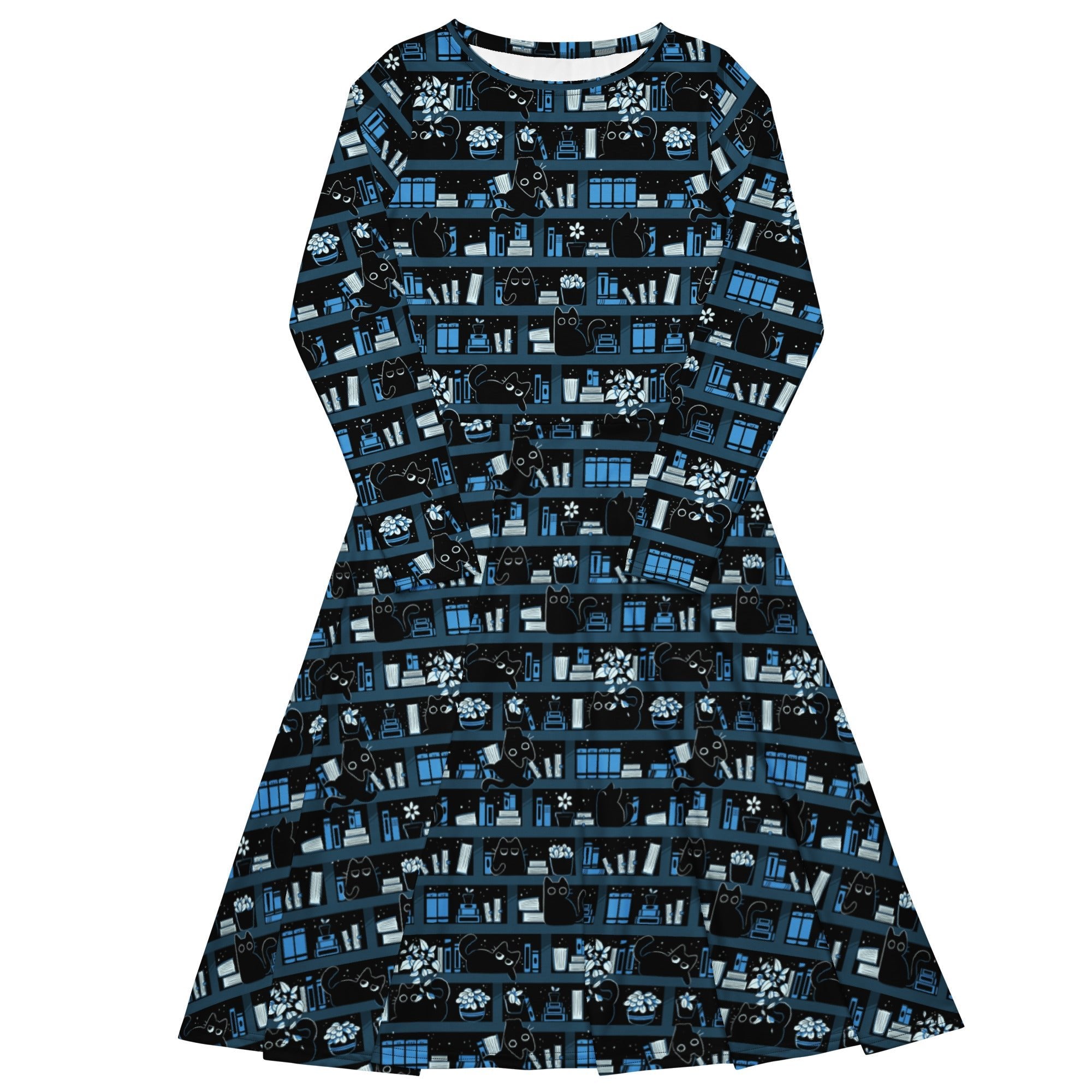 Nerdy Purrrfect Library Long Sleeve Midi Dress