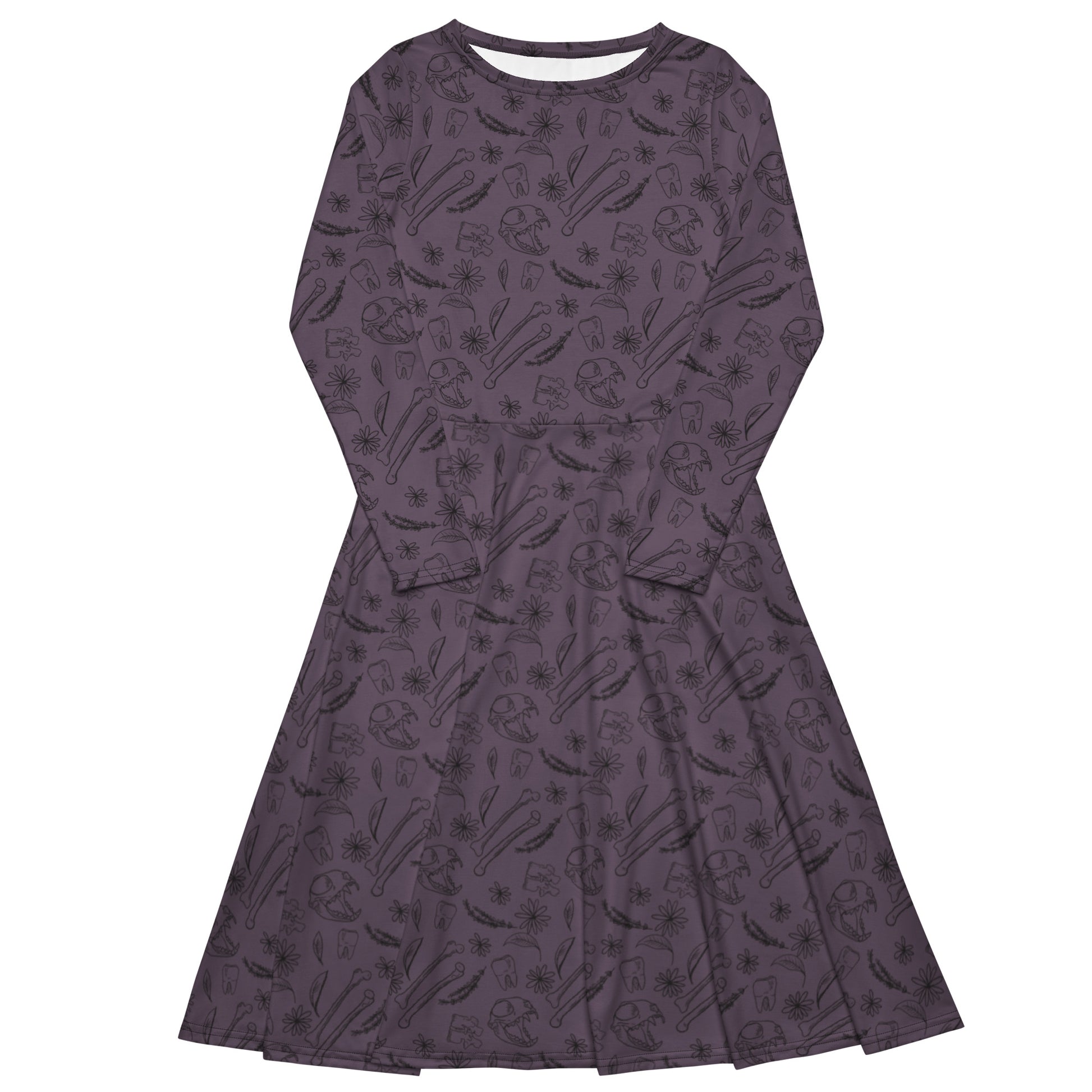 Bones and Flowers Purple Long Sleeve Midi Dress 1