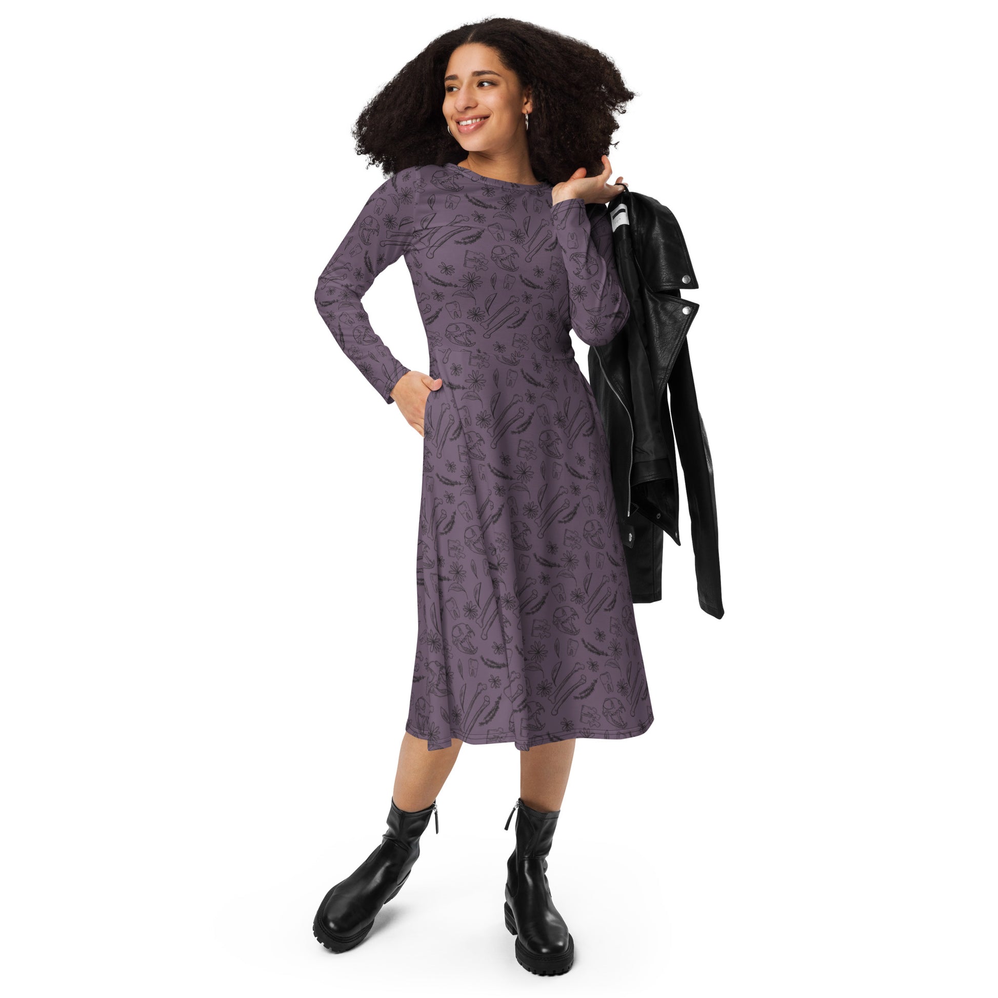 Bones and Flowers Purple Long Sleeve Midi Dress 4