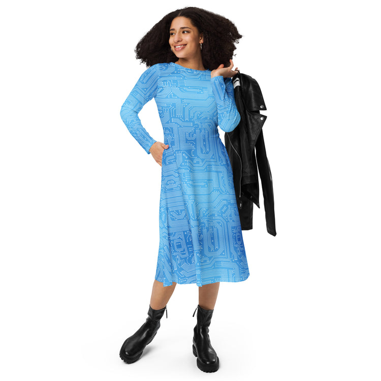 Nerdy Blue Computer Circuit Board Long Sleeve Midi Dress