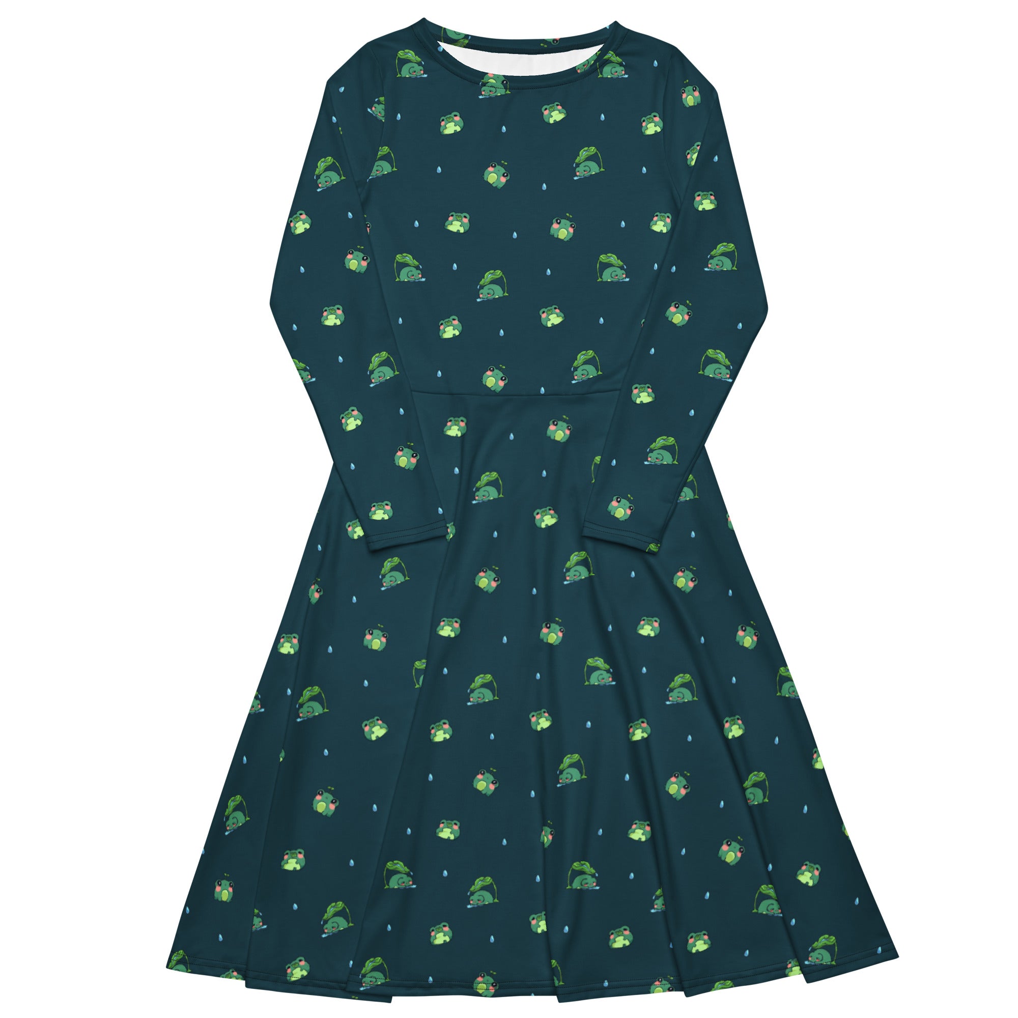 Nerdy Raining Frogs Dark Teal Long Sleeve Midi Dress