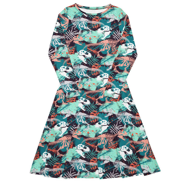 Nerdy T - Rex Bones Footprints Green Long Sleeve Midi Dress
