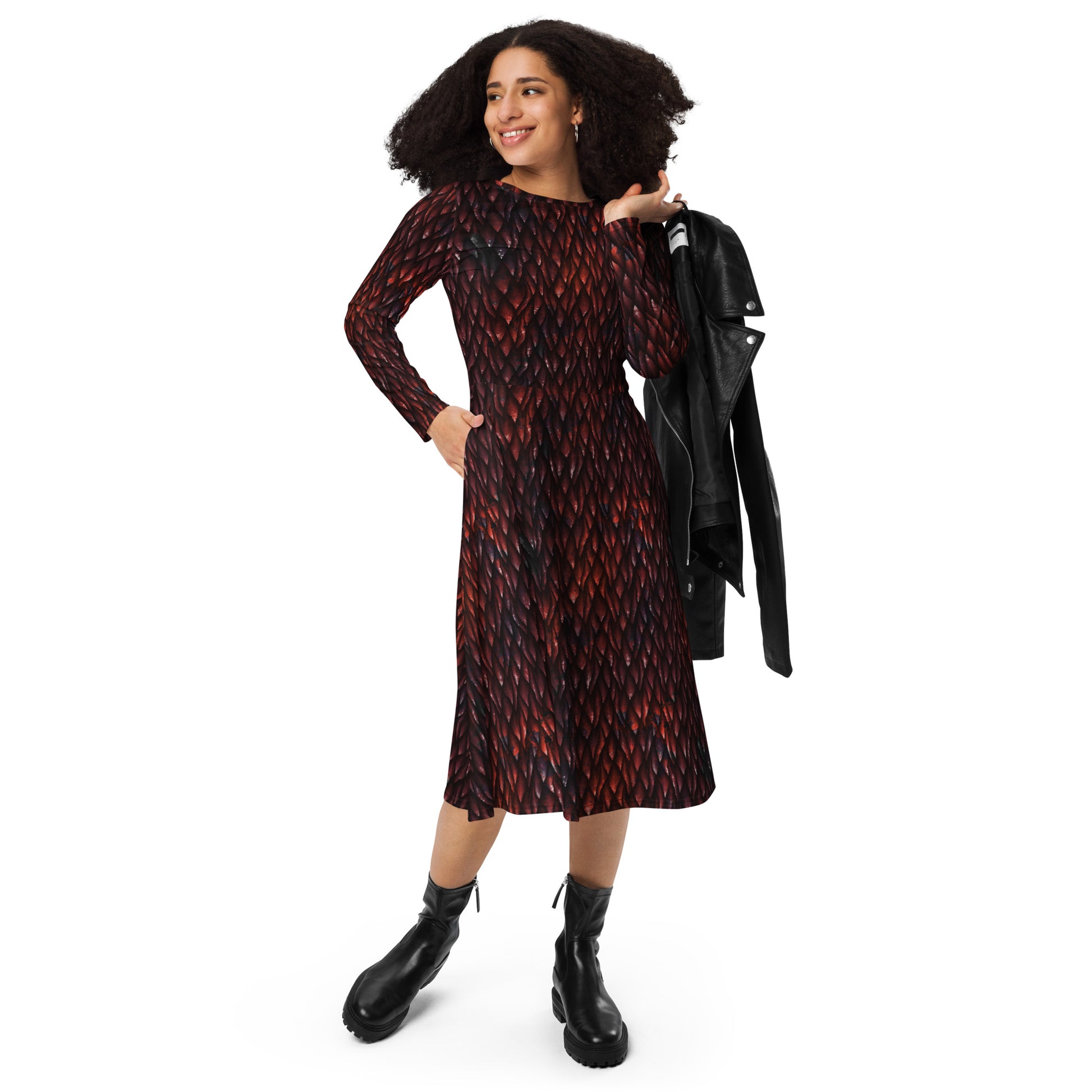 Red Dragon Scales Dnd Long Sleeve Midi Dress 4