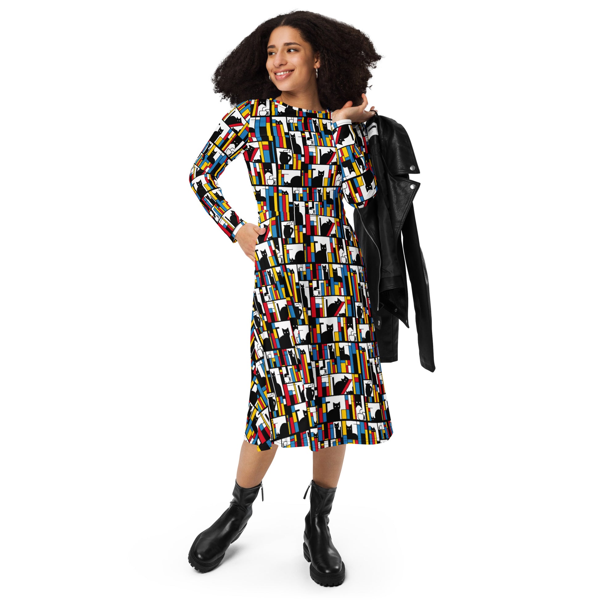 Mondrian Cat Library Long Sleeve Midi Dress 4