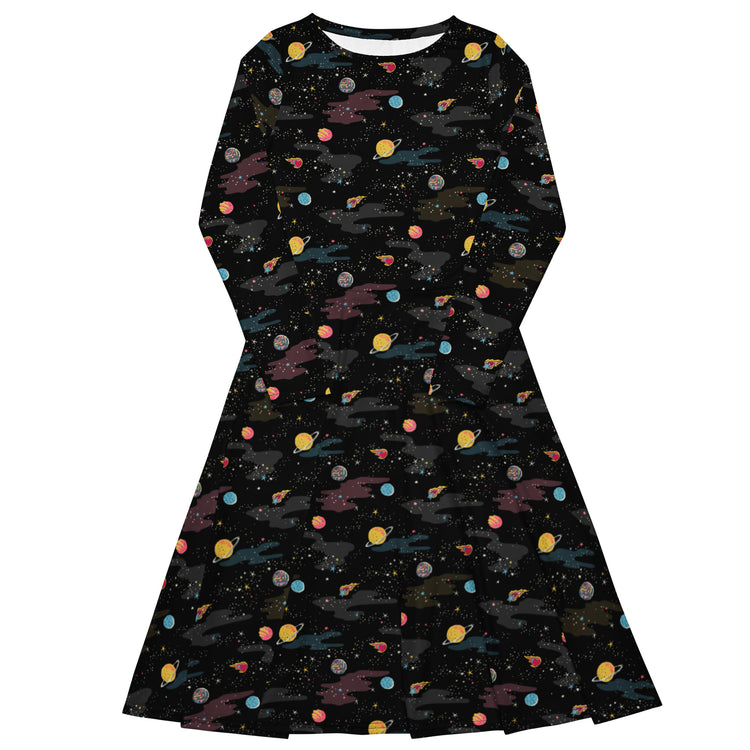 Nerdy A Starry Galaxy Outer Space Long Sleeve Midi Dress