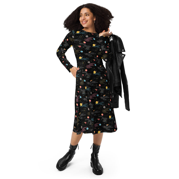 Nerdy A Starry Galaxy Outer Space Long Sleeve Midi Dress