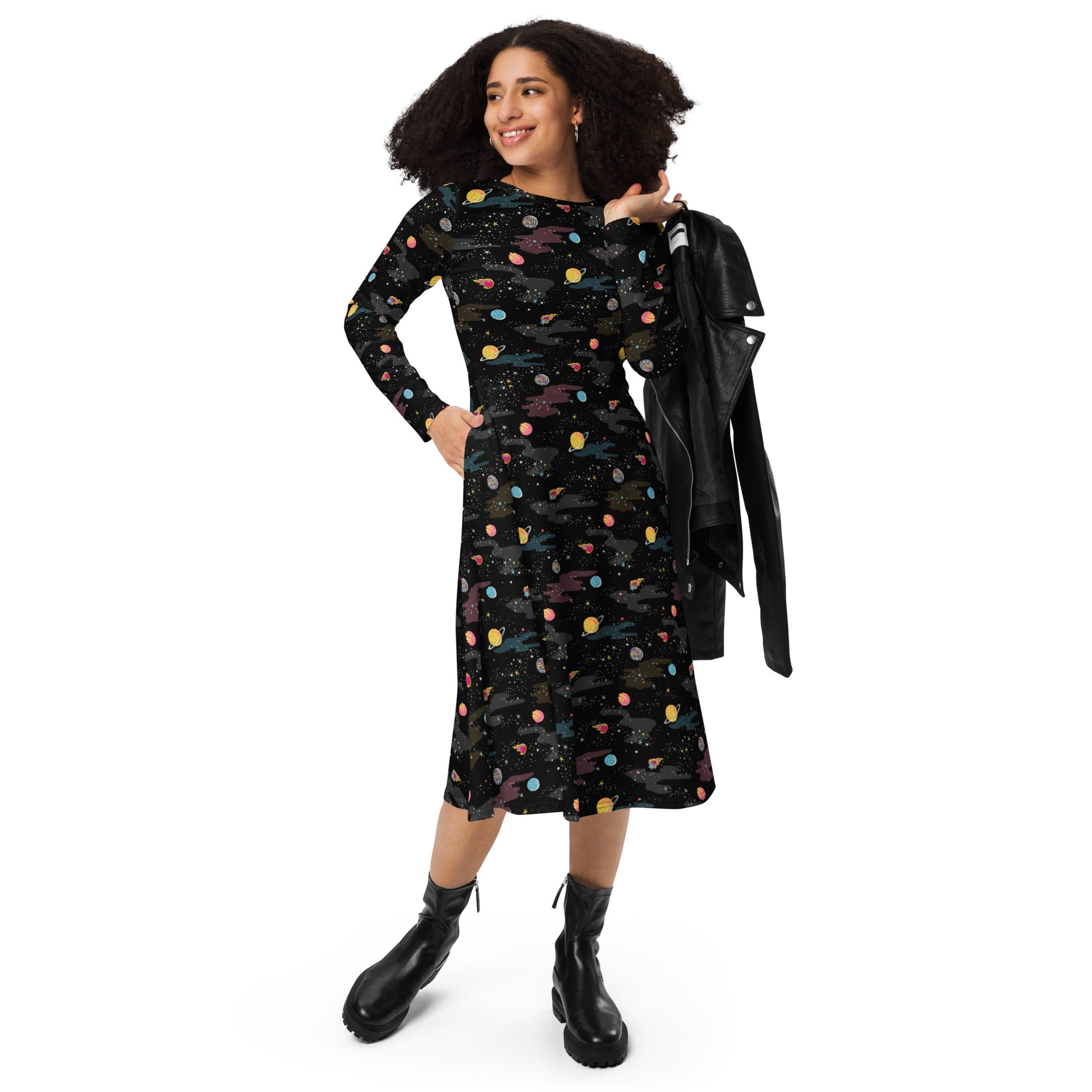 A Starry Galaxy Outer Space Long Sleeve Midi Dress 4