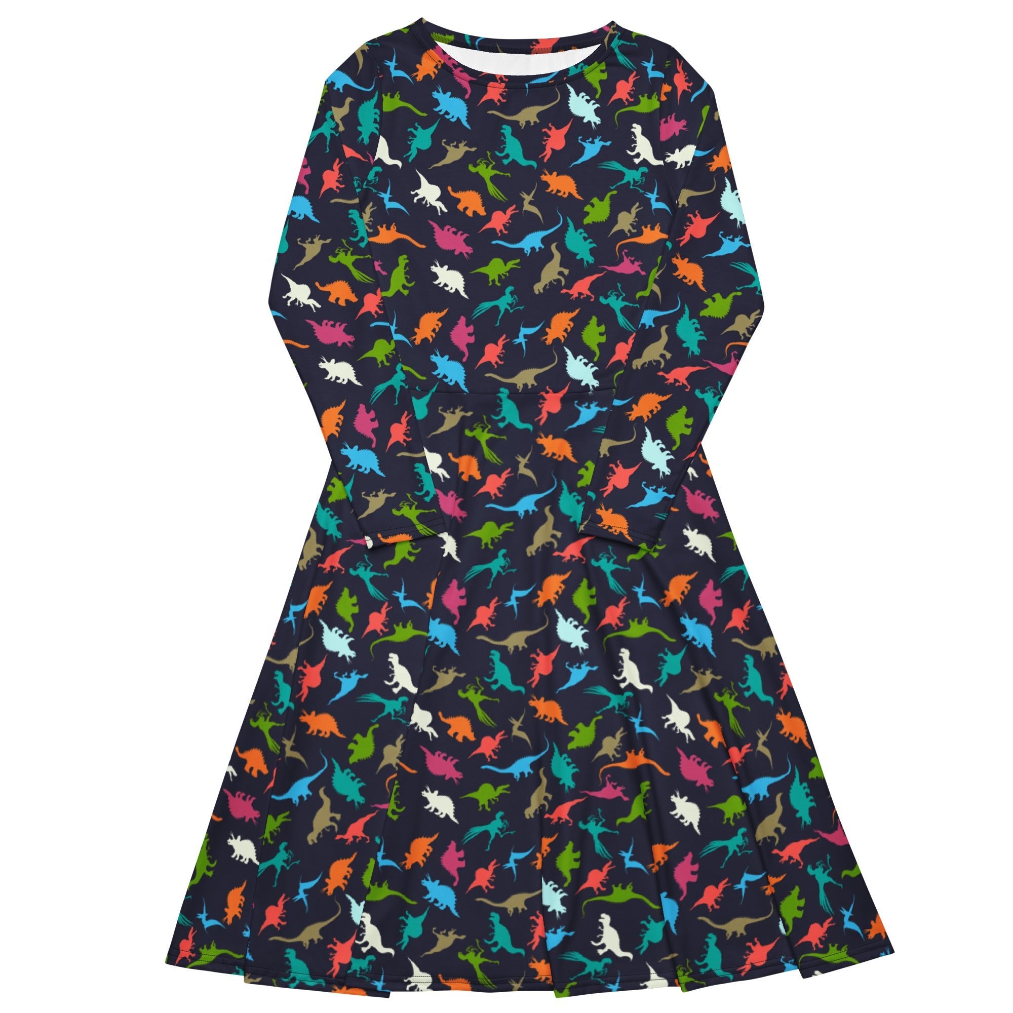 Nerdy Colorful Dinosaur Silhouettes Navy Long Sleeve Midi Dress